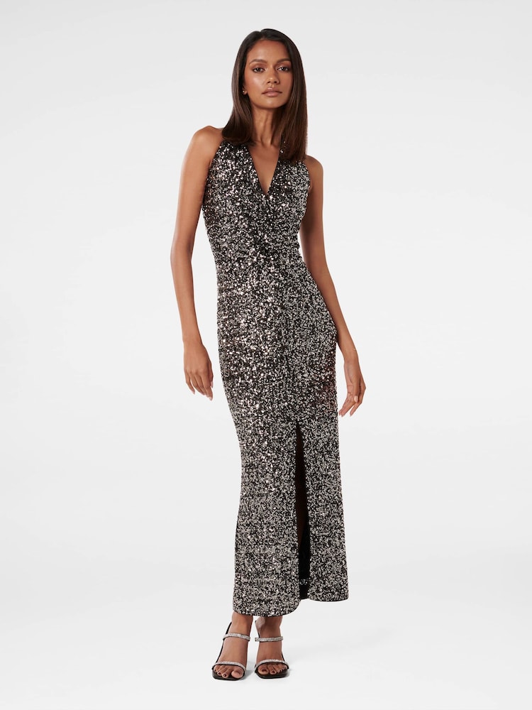 Forever New Black Petite Brooke Sequin Halter Neck Gown - Image 1 of 4