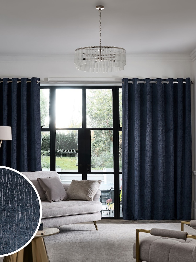Blue Navy Heavyweight Chenille Eyelet Blackout/Thermal Curtains - Image 2 of 7