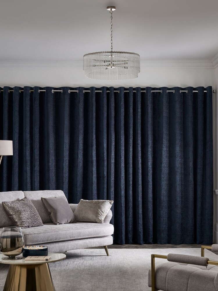 Blue Navy Heavyweight Chenille Eyelet Blackout/Thermal Curtains - Image 5 of 7