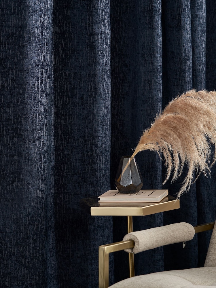 Blue Navy Heavyweight Chenille Eyelet Blackout/Thermal Curtains - Image 6 of 7