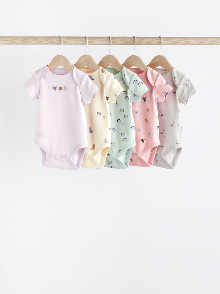 Roza/vijola - dojenček kratek rokav; s kratkimi rokavi 100% Cotton bodi 5 komplet - Slika 1 iz 6 Roza/vijola - dojenček kratek rokav; s kratkimi rokavi 100% Cotton bodi 5 komplet - Slika 1 iz 6