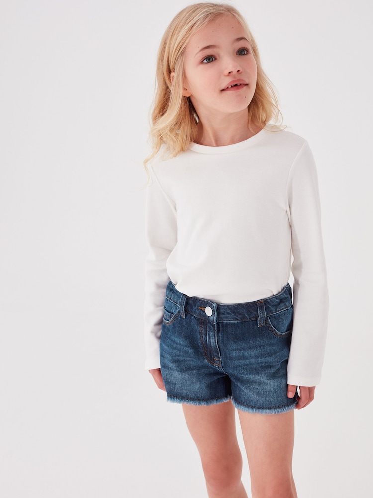 Mid Blue Denim Regular Length Frayed Edge Denim Shorts (3-16yrs) - Image 1 of 5 Mid Blue Denim Regular Length Frayed Edge Denim Shorts (3-16yrs) - Image 1 of 5