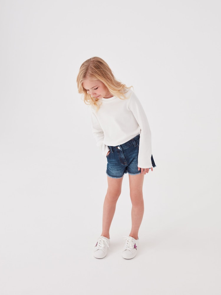 Mid Blue Denim Regular Length Frayed Edge Denim Shorts (3-16yrs) - Image 2 of 5 Mid Blue Denim Regular Length Frayed Edge Denim Shorts (3-16yrs) - Image 2 of 5