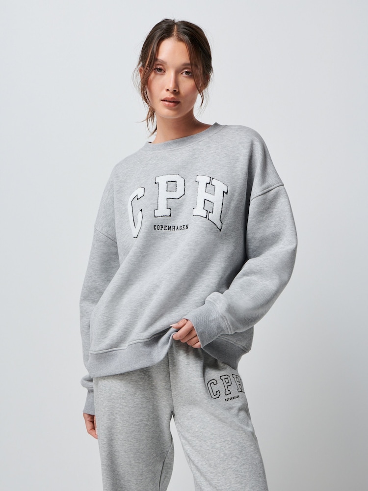 Grey Bouclé Detail Long Sleeve Graphic Slogan Sweatshirt - Image 1 of 4