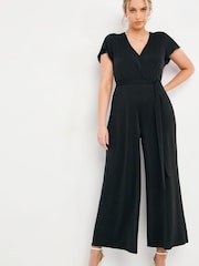 Simply Be Black Slinky Wide Leg Tie Front Jumpsuit - Image 1 of 4