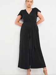 Simply Be Black Slinky Wide Leg Tie Front Jumpsuit - Image 3 of 4
