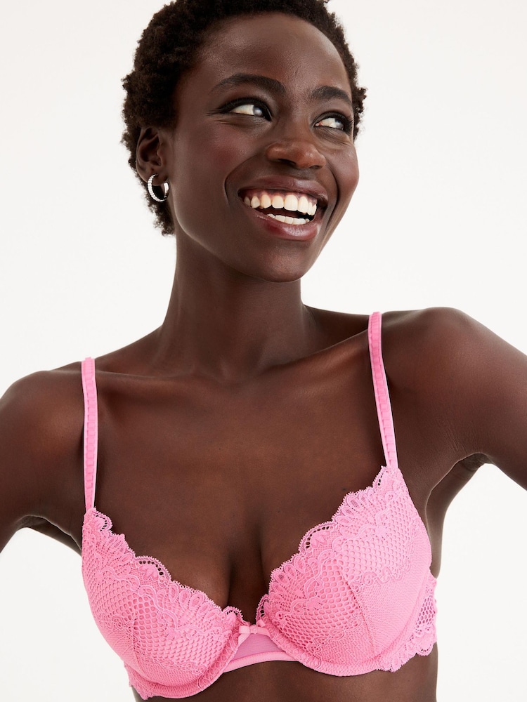 Bright Pink Push Up Pad Plunge Lace Bra - Image 1 of 5