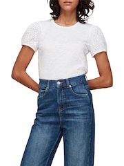 Whistles White 100% Cotton Broderie Puff Sleeve T-Shirt - Image 1 of 2