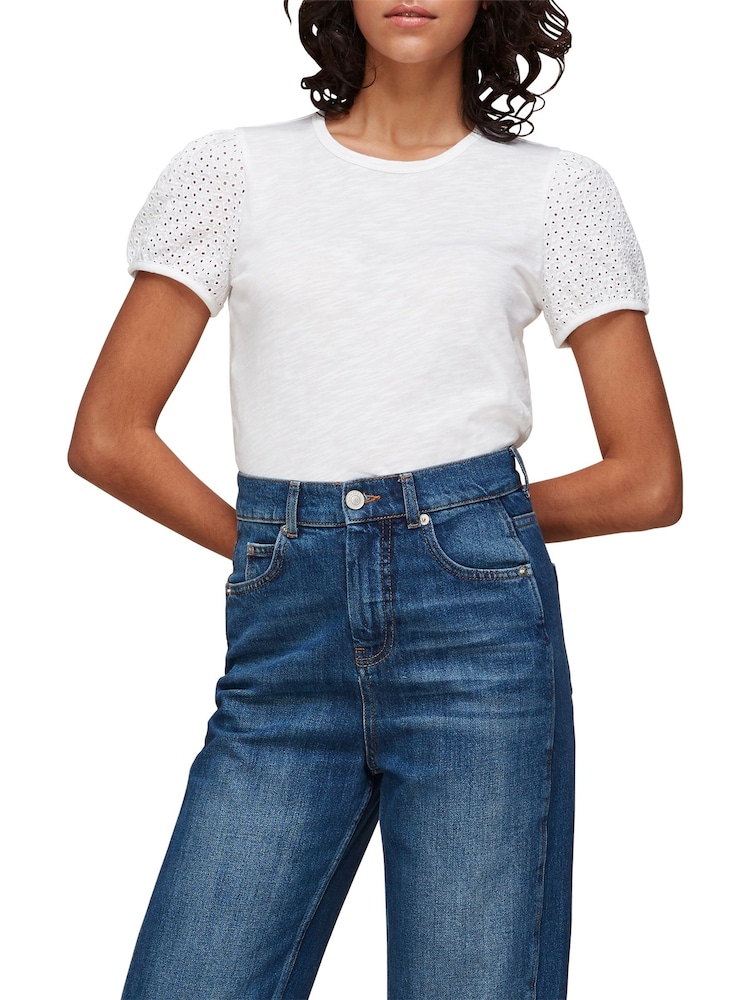 Whistles White 100% Cotton Broderie Puff Sleeve T-Shirt - Image 1 of 2