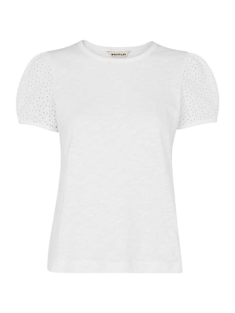 Whistles White 100% Cotton Broderie Puff Sleeve T-Shirt - Image 2 of 2
