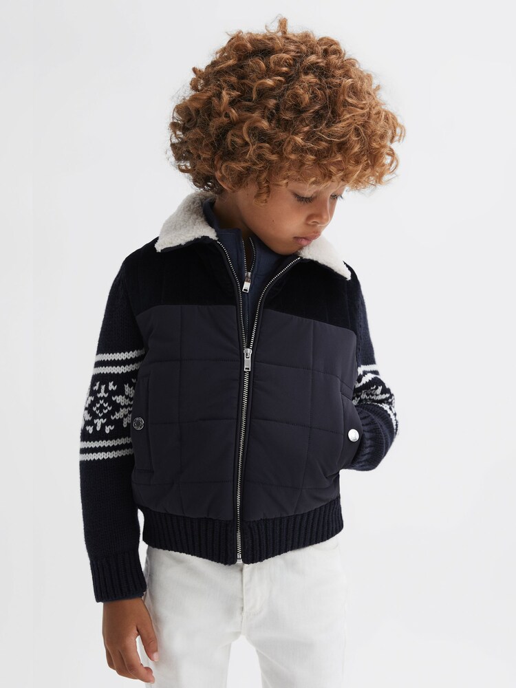 Reiss Navy Alpine Junior Hybrid Knitted-Quilted Fairisle Pattern Coat - Image 1 of 5