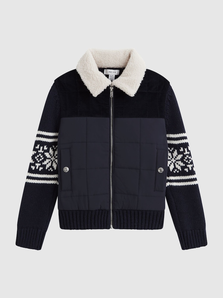 Reiss Navy Alpine Junior Hybrid Knitted-Quilted Fairisle Pattern Coat - Image 2 of 5