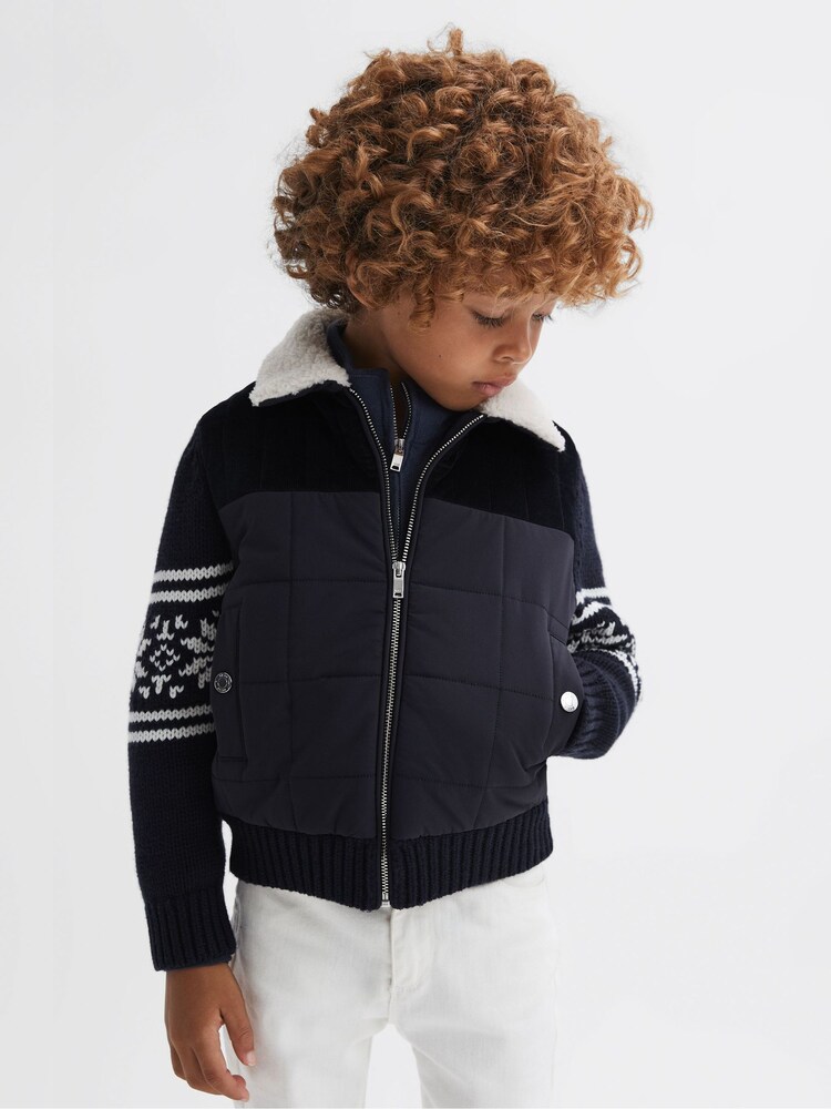 Reiss Navy Alpine Junior Hybrid Knitted-Quilted Fairisle Pattern Coat - Image 6 of 6