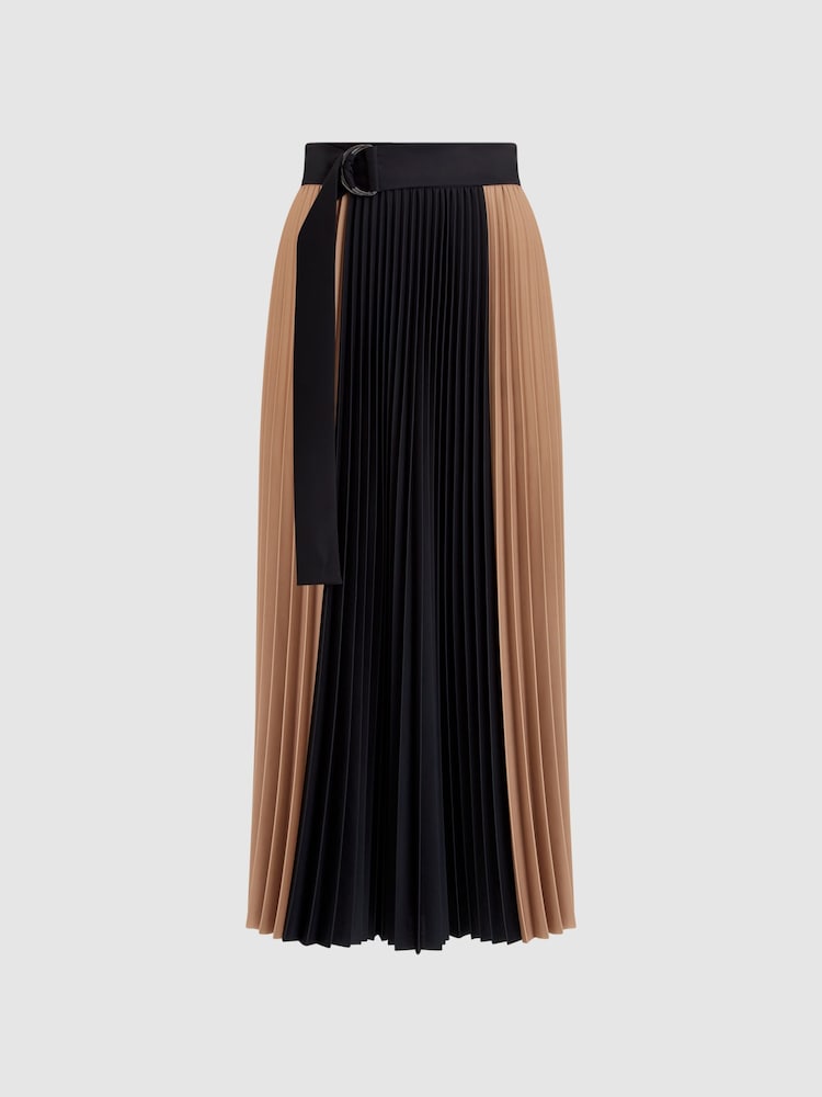 Reiss Black/Camel Ava Colourblock Pleated Midi Skirt - Image 2 of 5