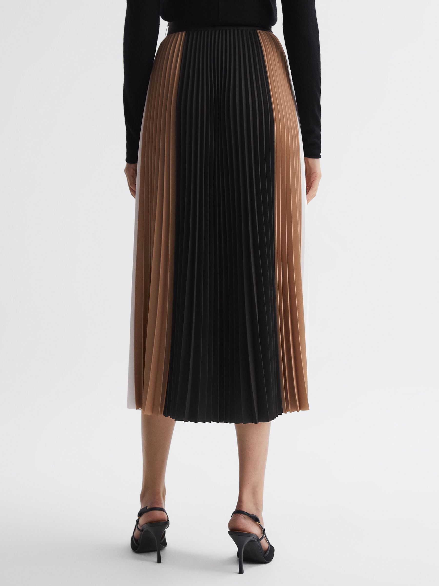 Buy Reiss Black/Camel Ava Colourblock Pleated Midi Skirt