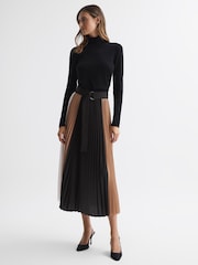 Reiss Black/Camel Ava Colourblock Pleated Midi Skirt - Image 5 of 5