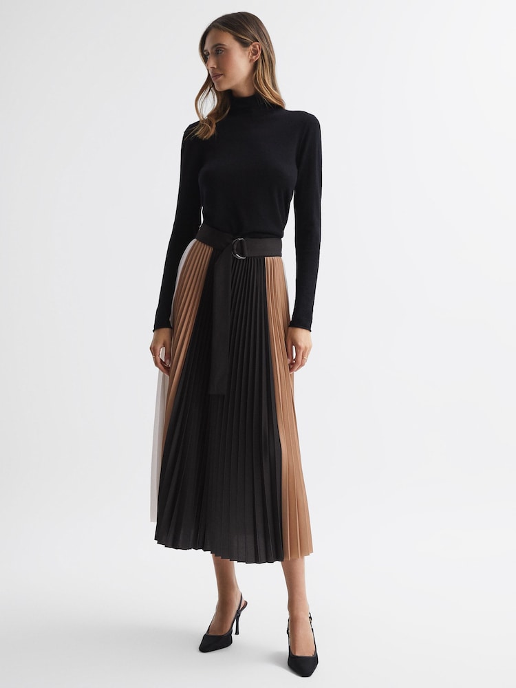 Reiss Black/Camel Ava Colourblock Pleated Midi Skirt - Image 5 of 5