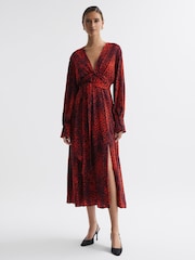 Reiss Red Maya Animal Print Blouson Sleeve Midi Dress - Image 1 of 5