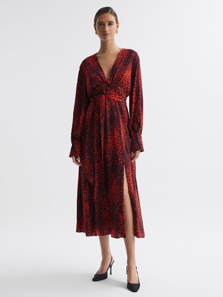 Reiss Red Maya Animal Print Blouson Sleeve Midi Dress - Image 1 of 5