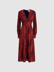 Reiss Red Maya Animal Print Blouson Sleeve Midi Dress - Image 2 of 5