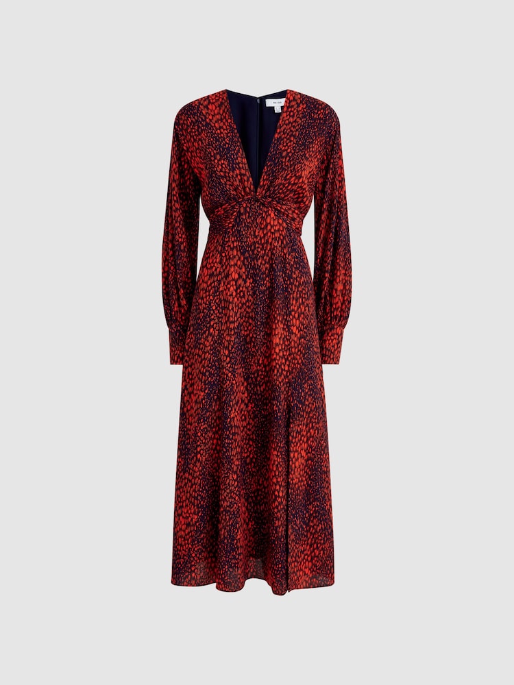 Reiss Red Maya Animal Print Blouson Sleeve Midi Dress - Image 2 of 5
