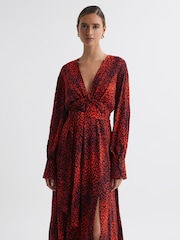 Reiss Red Maya Animal Print Blouson Sleeve Midi Dress - Image 3 of 5