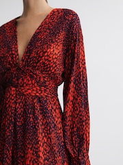 Reiss Red Maya Animal Print Blouson Sleeve Midi Dress - Image 4 of 5