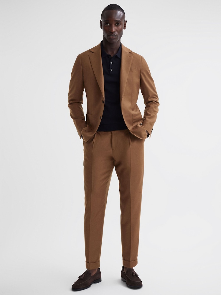 Reiss Tobacco Venue Slim Fit Wool Blend Rolled Hem Trousers - Image 1 of 4 Reiss Tobacco Venue Slim Fit Wool Blend Rolled Hem Trousers - Image 1 of 4