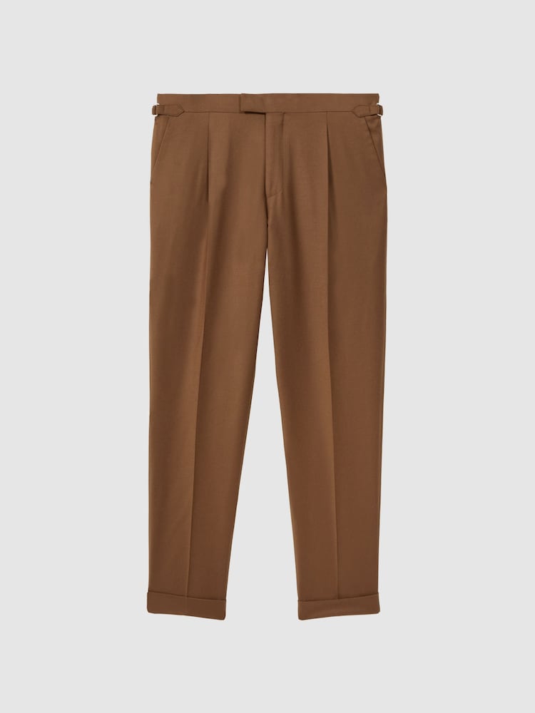 Reiss Tobacco Venue Slim Fit Wool Blend Rolled Hem Trousers - Image 2 of 4 Reiss Tobacco Venue Slim Fit Wool Blend Rolled Hem Trousers - Image 2 of 4