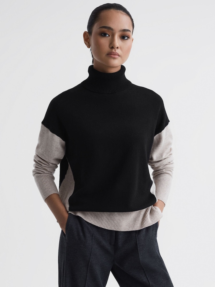 Reiss Stone/Black Alexis Wool Blend Roll Neck Jumper - Image 1 of 5