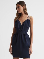 Reiss Navy Justine Halston Embellished Strap Mini Dress - Image 1 of 6