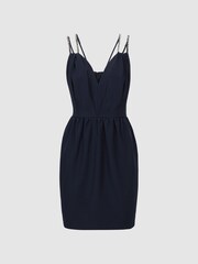 Reiss Navy Justine Halston Embellished Strap Mini Dress - Image 2 of 6