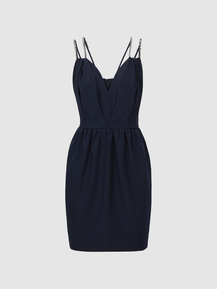 Reiss Navy Justine Halston Embellished Strap Mini Dress - Image 2 of 6