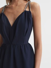 Reiss Navy Justine Halston Embellished Strap Mini Dress - Image 5 of 6