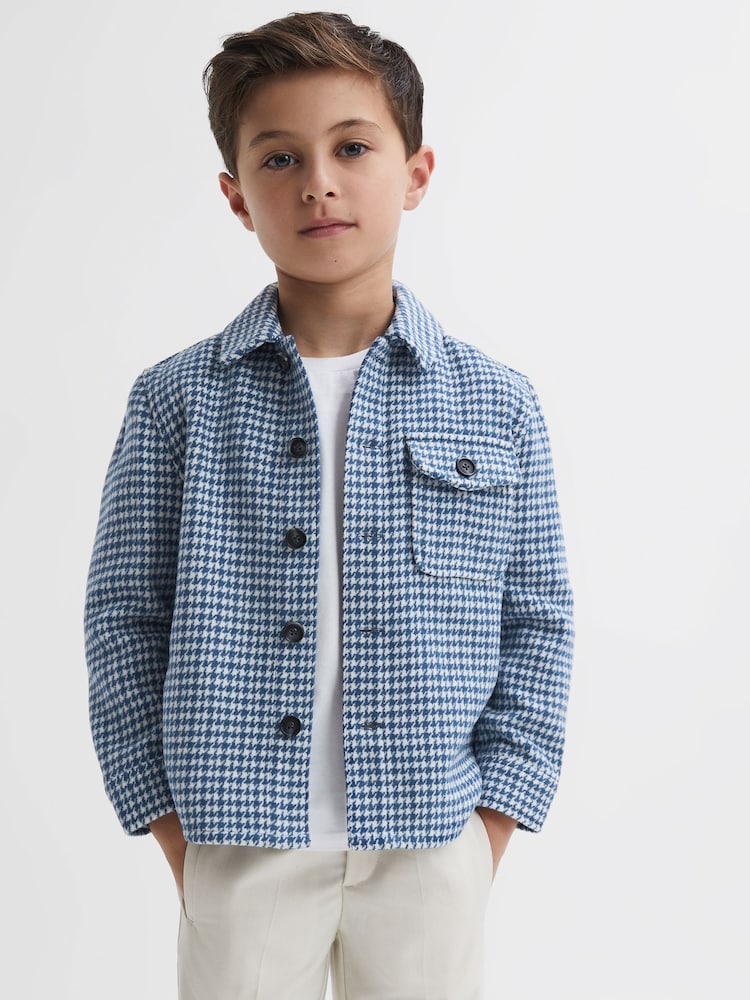 Reiss Blue/White Zack 9-14 yrs Brushed Houndstooth Overshirt - Image 1 of 5