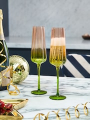 Rockett St George Green/Blush Pink Deco Flower Glass Set of 2 Champagne Flute Glasses - Image 1 of 2