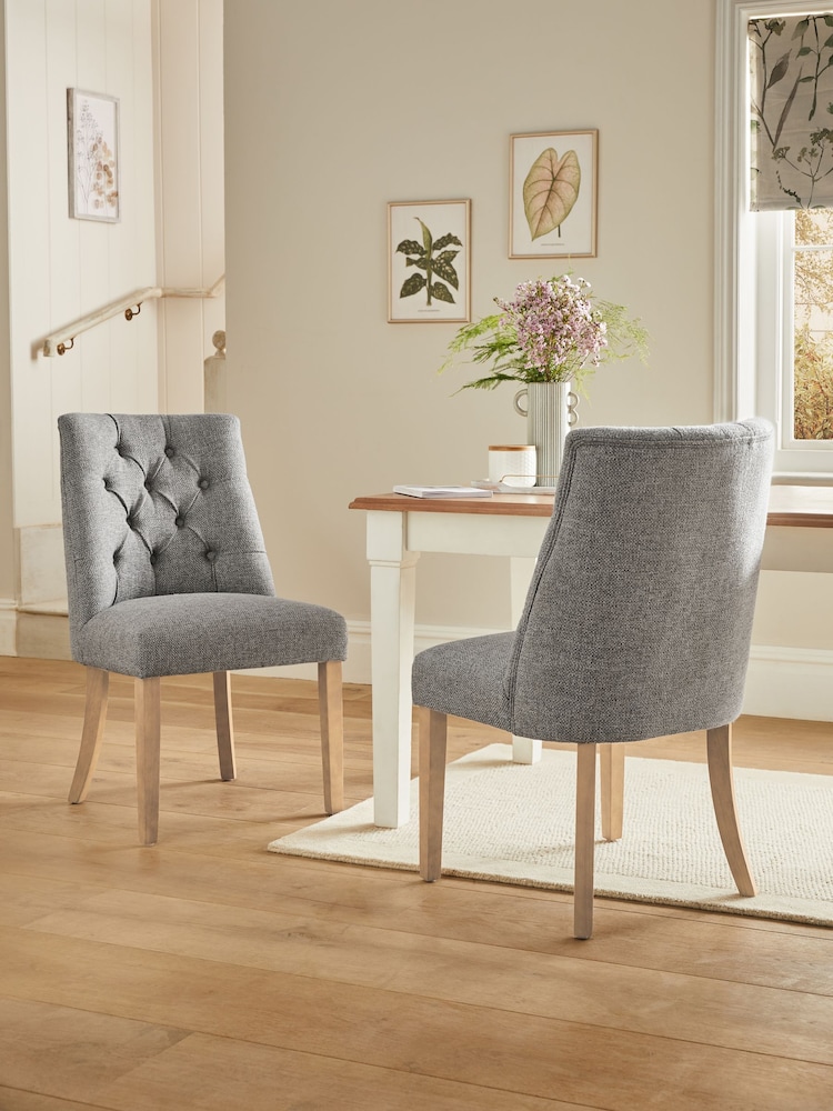 Set of 2 Chunky Weave Mid Grey Wolton Light Wood Leg Collection Luxe Button Dining Chairs - Image 1 of 8