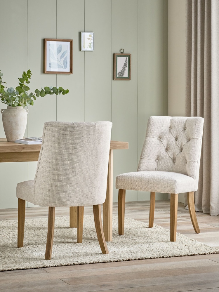 Set of 2 Chunky Weave Mid Natural Wolton Light Wood Leg Collection Luxe Button Dining Chairs - Image 1 of 9