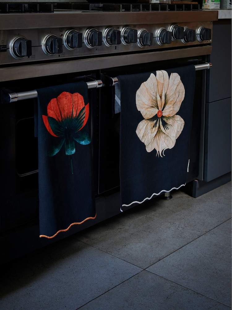 Rockett St George Set of 2 Black Floral 100% Cotton Tea Towels - Image 1 of 3