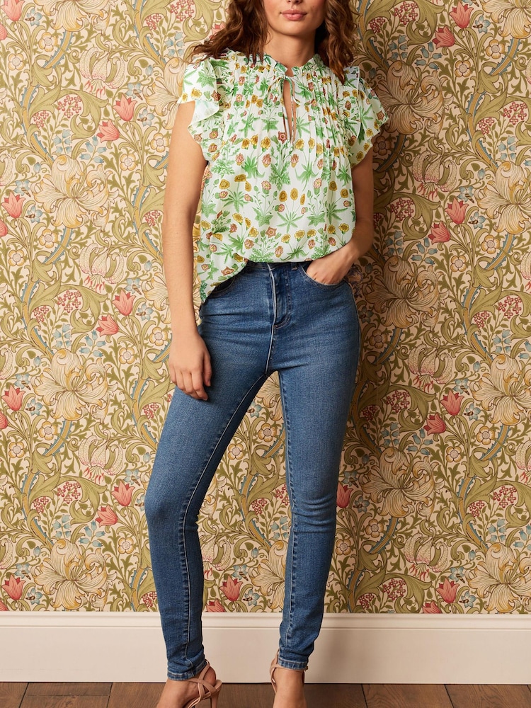 Morris & Co. Daisy Blue Print Flutter Sleeve Pintuck V-Neck Short Sleeve Blouse - Image 2 of 5
