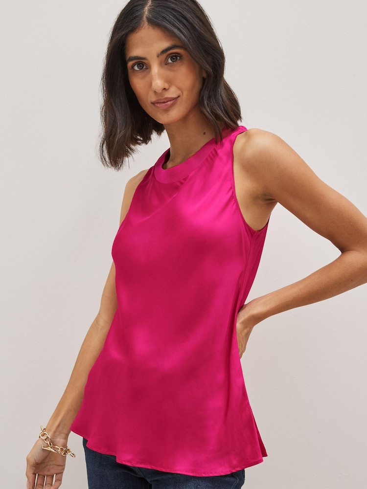 Pink - Langes Satin-Trägertop mit geripptem Besatz - Bild 1 von 5