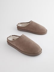 Taupe Brown Suede Cosy Lined Mule Slippers - Image 2 of 6