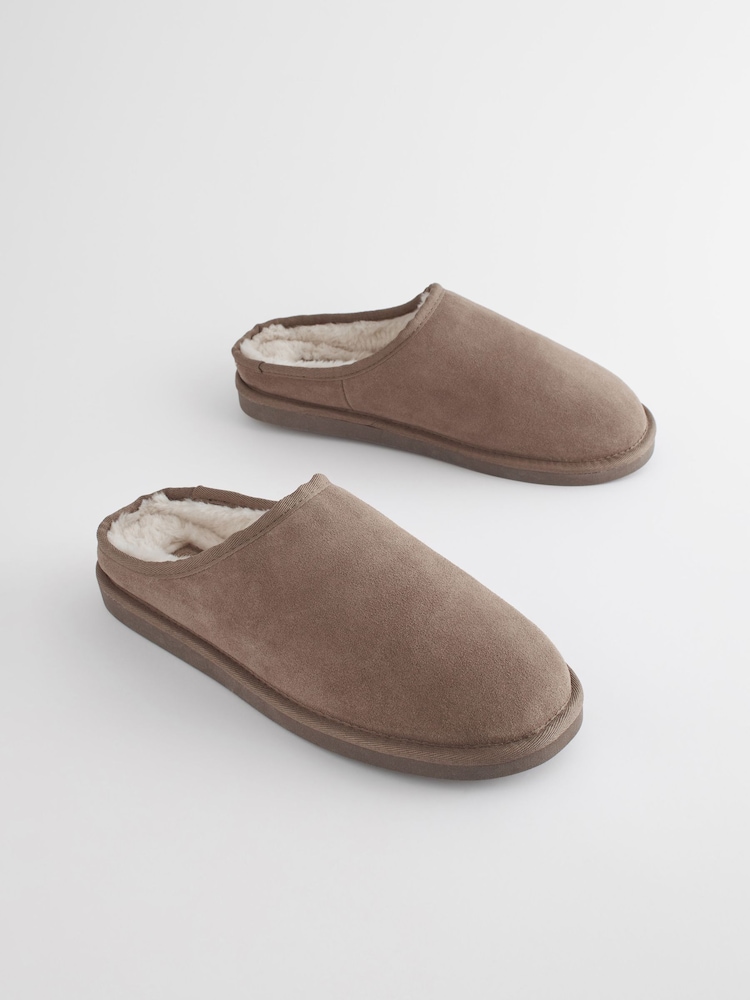 Taupe Brown Suede Cosy Lined Mule Slippers - Image 2 of 6