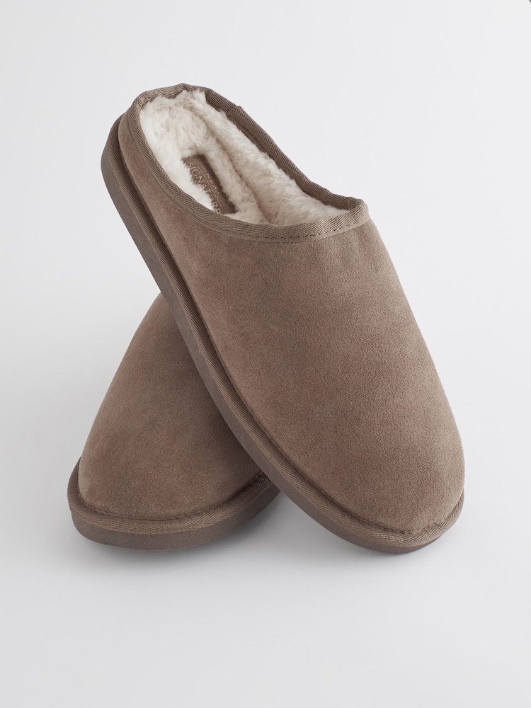 Taupe Brown Suede Cosy Lined Mule Slippers - Image 6 of 6