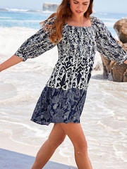 Blue/White Mix Print Off The Shoulder Square Neck Tiered Mini Dress - Image 1 of 5