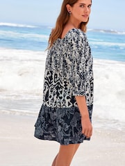 Blue/White Mix Print Off The Shoulder Square Neck Tiered Mini Dress - Image 3 of 5