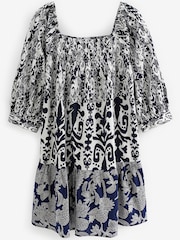 Blue/White Mix Print Off The Shoulder Square Neck Tiered Mini Dress - Image 5 of 5