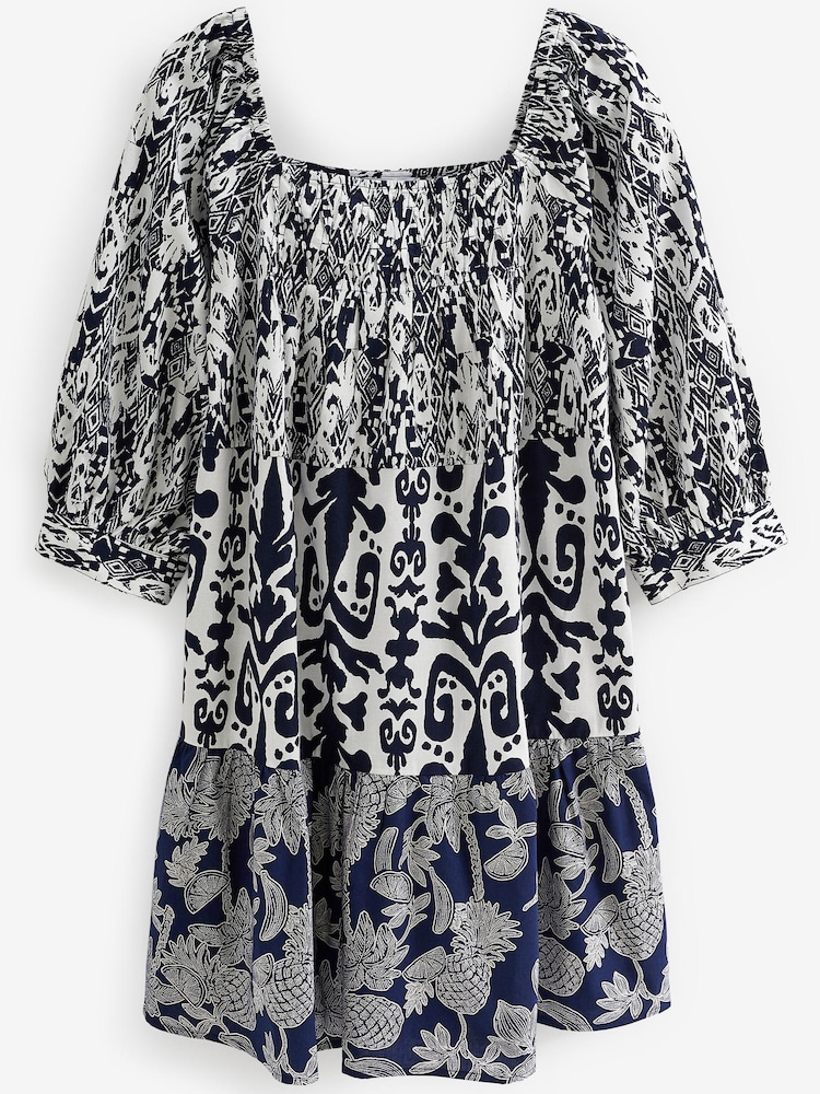Blue/White Mix Print Off The Shoulder Square Neck Tiered Mini Dress - Image 5 of 5