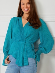 Preen Blue Check Long Sleeve Wrap Blouse - Image 1 of 6