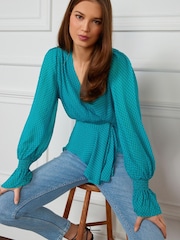 Preen Blue Check Long Sleeve Wrap Blouse - Image 2 of 6